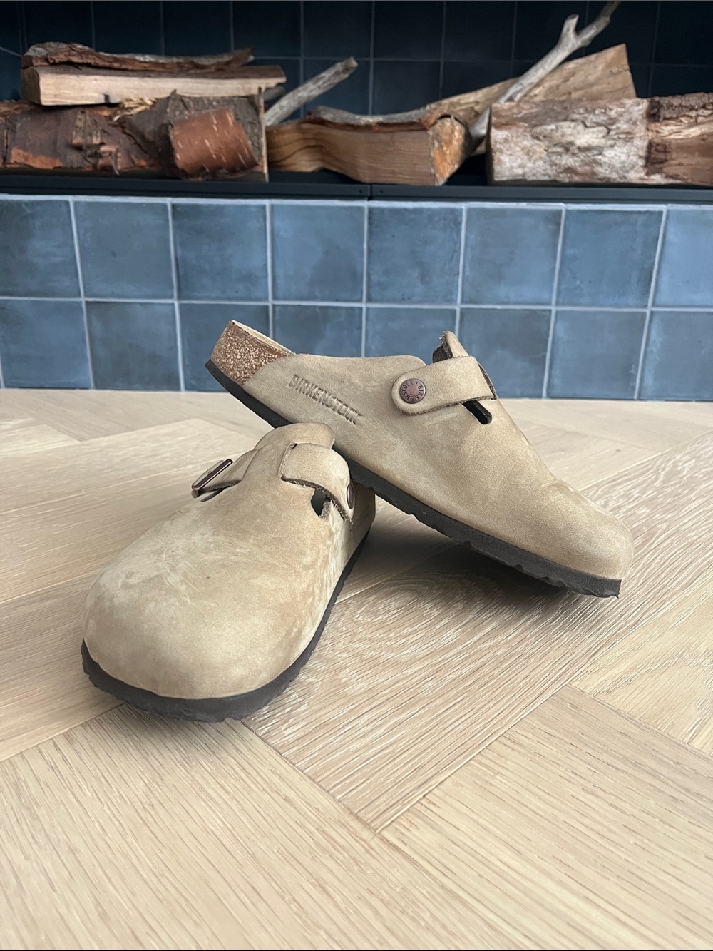 Birkenstock Men’s Boston Suede Clog in Beige